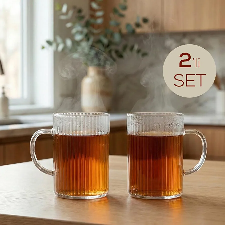 Vienev 2'li Çizgili Desenli Kulplu Cam Bardak - 200 Ml Cam Çay Bardağı