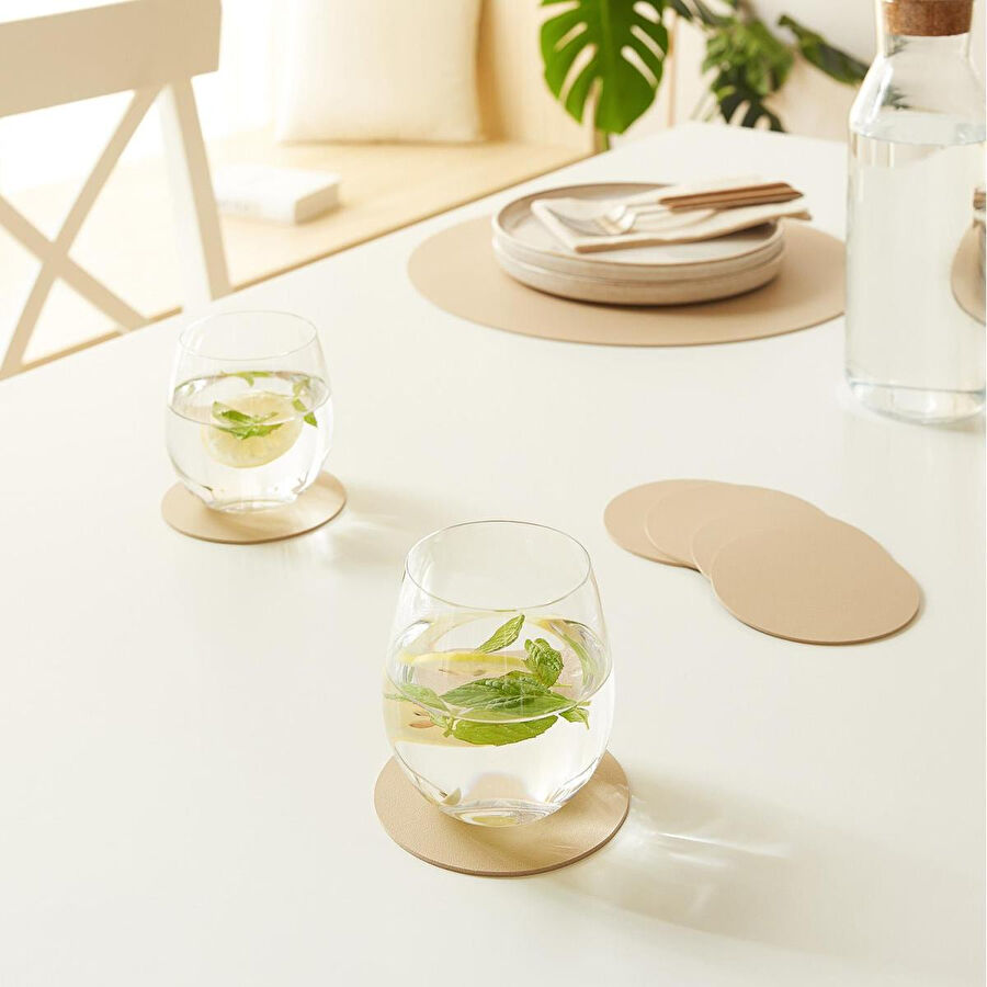 Home Wave 4'lü Bej/taş Renk Suni Deri Bardak Altlığı Ø 10 Cm