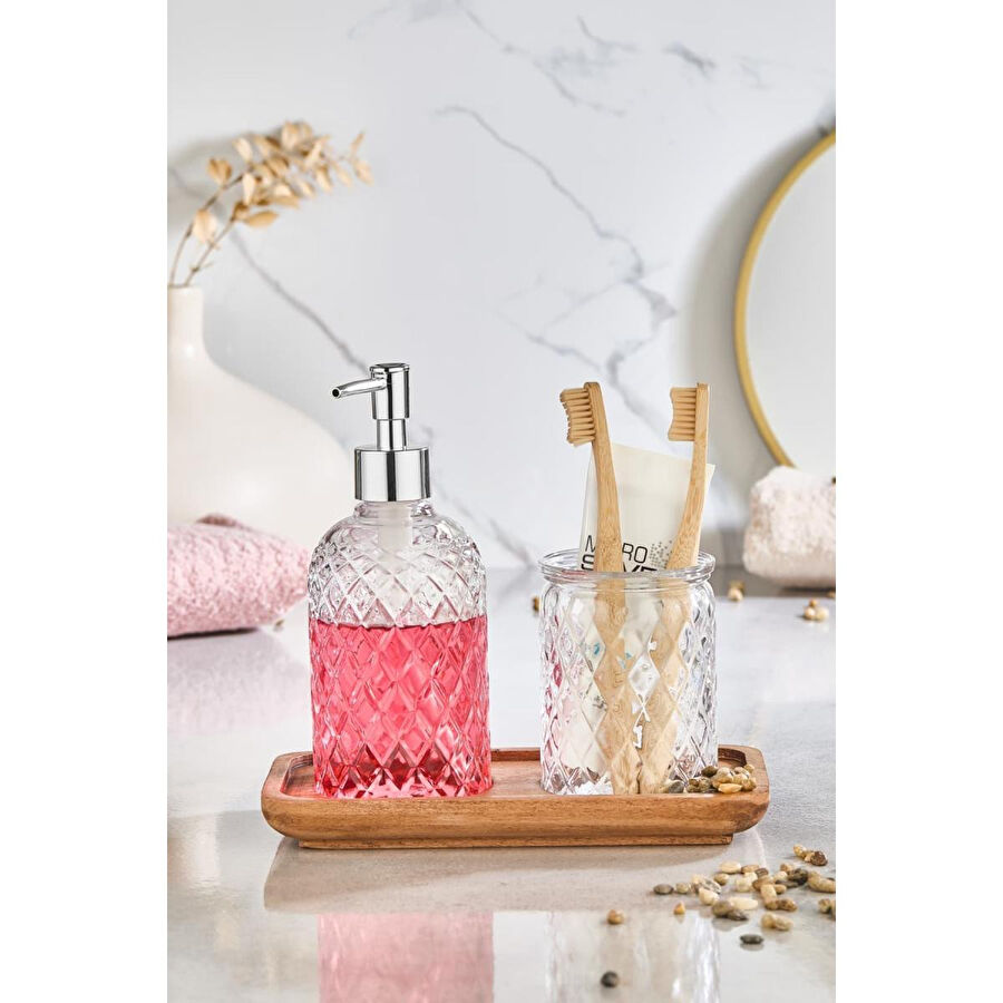 Lora Bianca Paku Cam Sıvı Sabunluk, Diş Fırçalık Ve Ahşap Stand - 3 Parça Banyo Seti Şeffaf