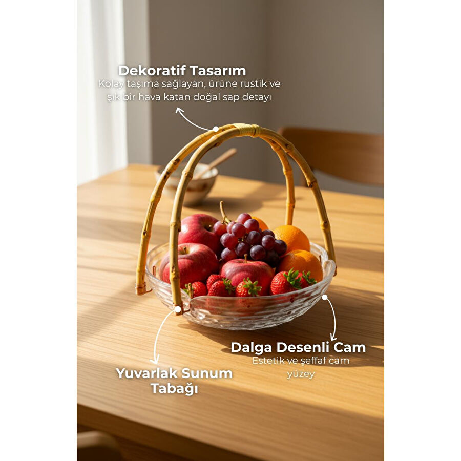 Bambum Cestino Bambu Kulplu Cam Yuvarlak Sunum Tabağı Dalgalı Desen