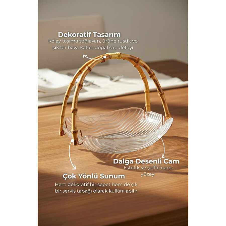Bambum Cestino Bambu Kulplu Cam Dikdörtgen Sunum Tabağı Dalgalı Desen