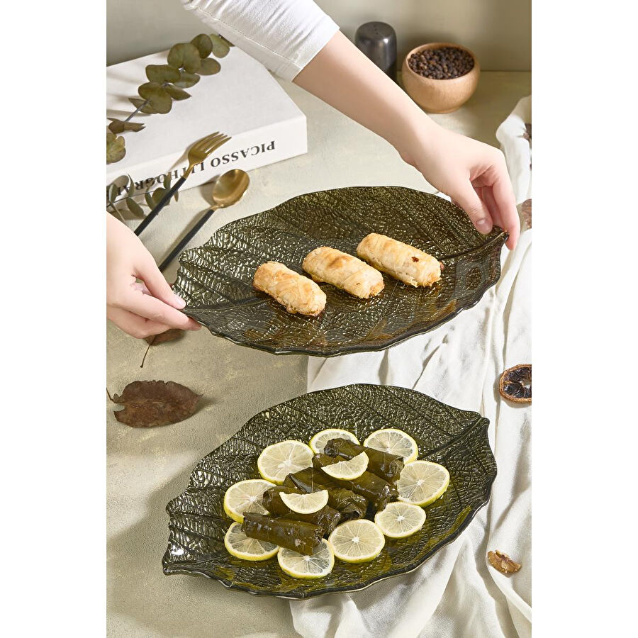 Lora Bianca Liva 2’li Yaprak Formlu Cam Servis Ve Sunum Tabağı, Meze, Tatlı & Dekoratif Sunum Seti - 2 Adet