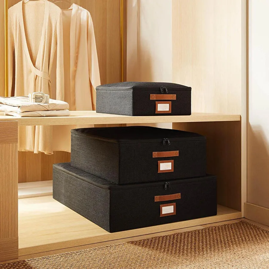 Ocean Home Textile 3'lü Siyah Renk Jüt Destekli Kutu Hurç Set 31 X 38 X 12 + 45 X 55 X 18 + 55 X 70 X 18 Cm