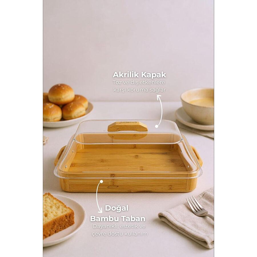 Bambum Modica Akrilik Kapaklı Bambu Kek Fanusu Dikdörtgen Büyük