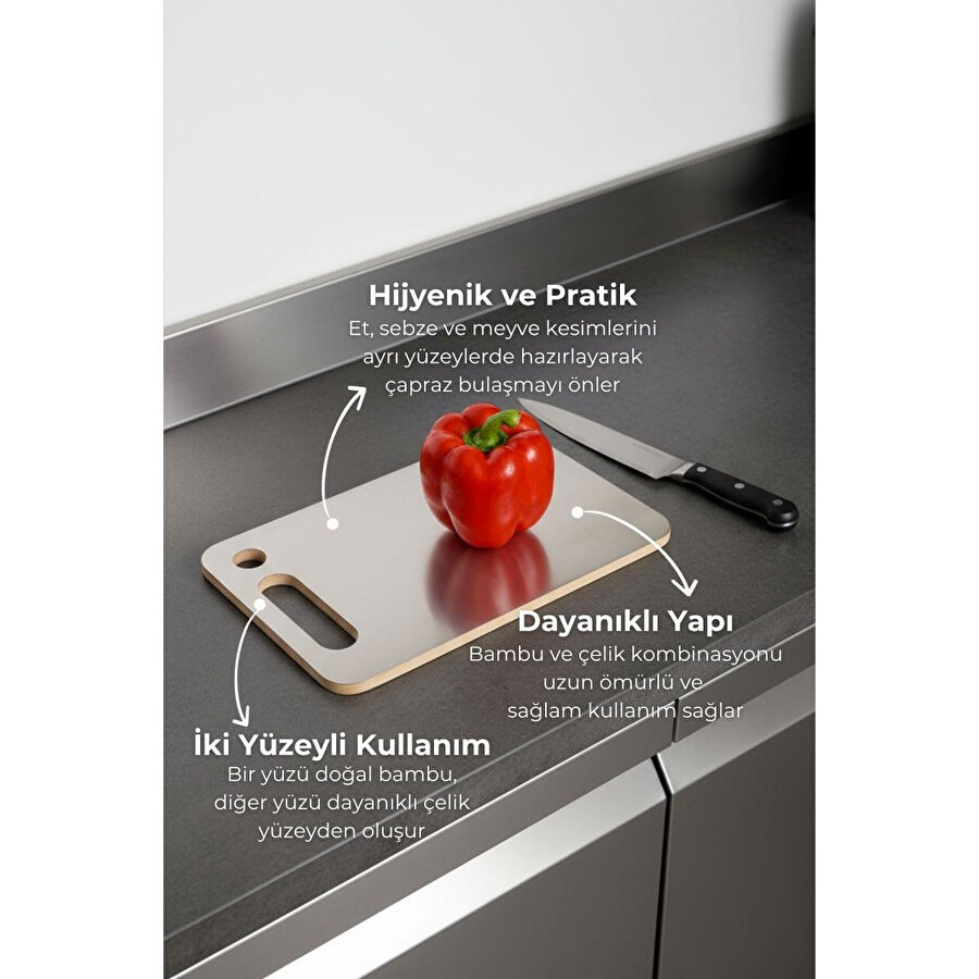 Bambum Stan Çift Yüzey Bambu Ve Çelik Kesme Tahtası Küçük