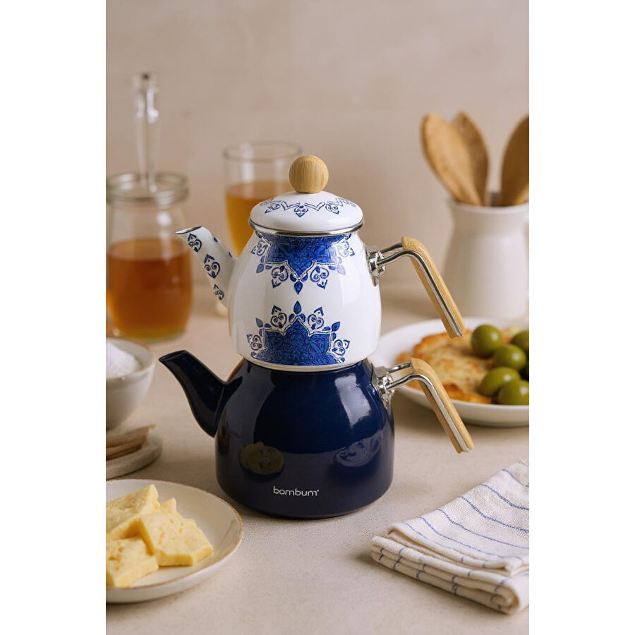 Bambum Unique Bambu Kulplu Emaye Çaydanlık Takımı Lacivert