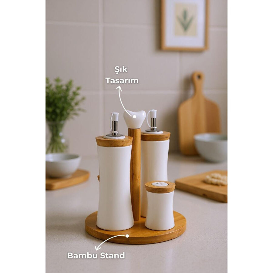 Bambum Fiago Bambu Standlı Yağlık Sirkelik Tuzluk Ve Biberlik