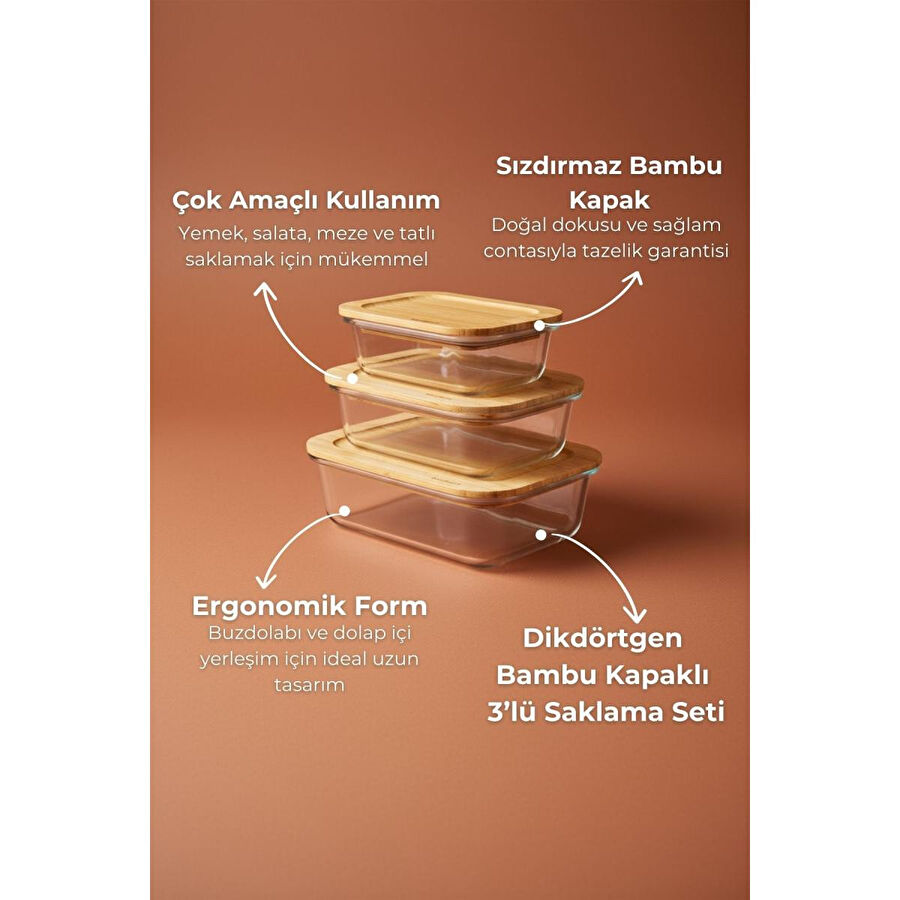Bambum Lavi Dikdörtgen 3'lü Set Bambu Saklama Kapları