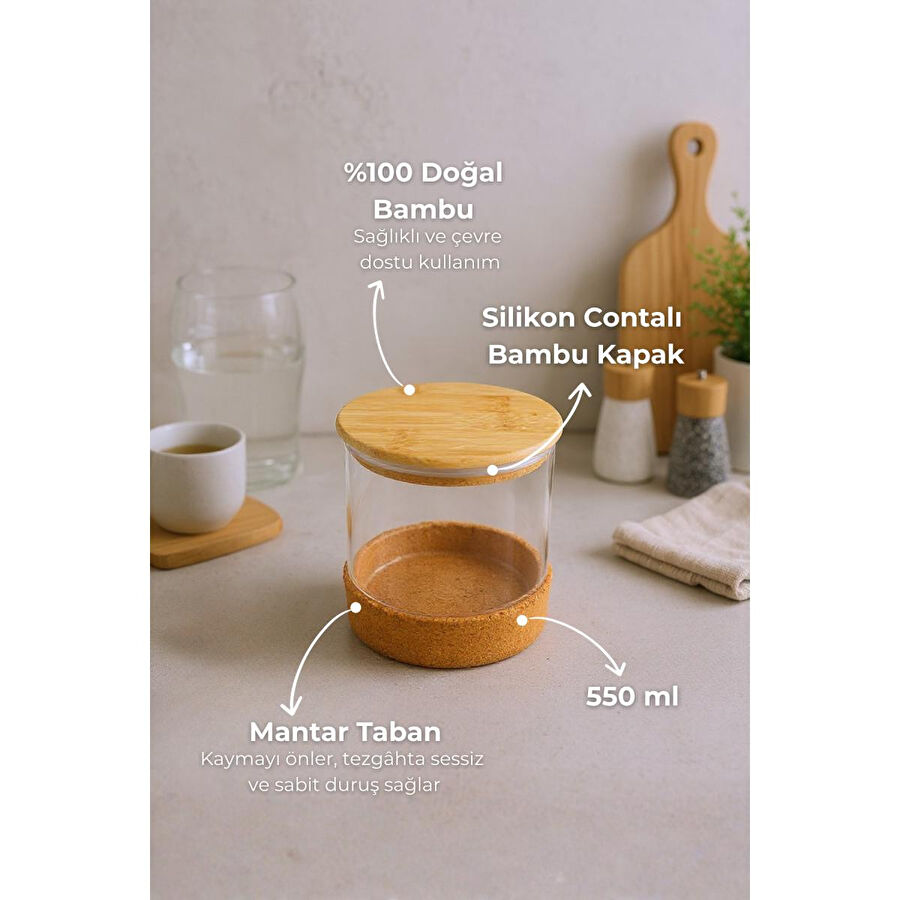 Bambum Corki - Mantar Altlıklı Cam Saklama Kabı 650 Ml