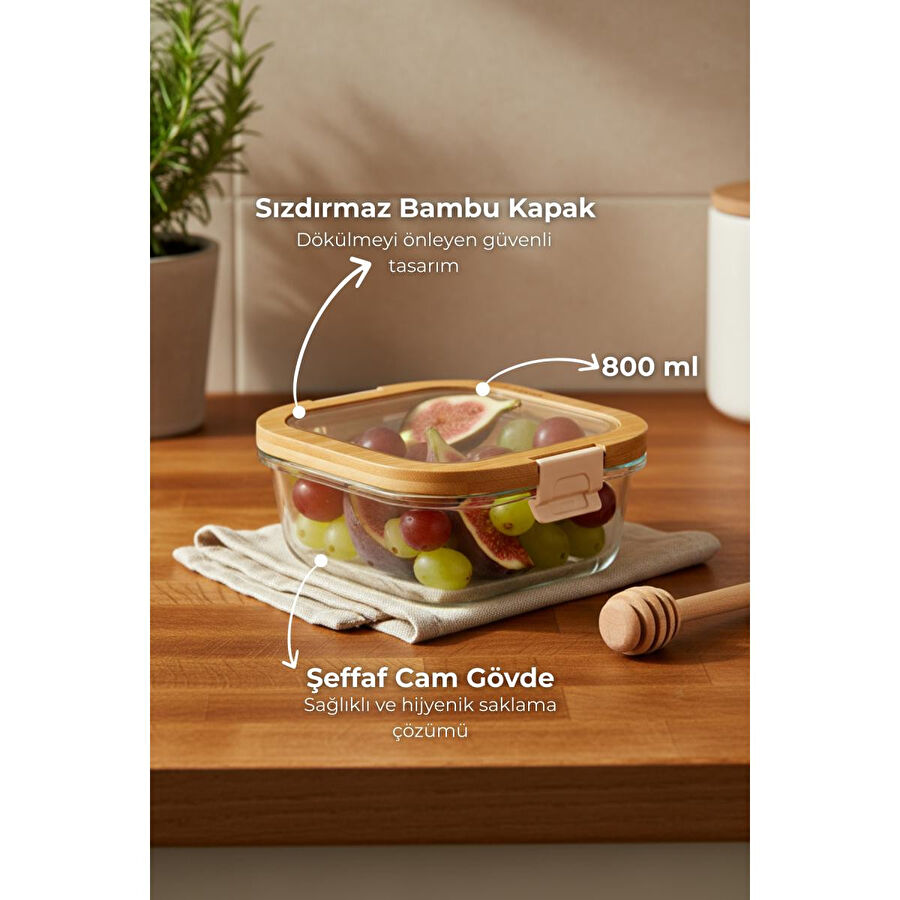Bambum Poira Cam Kapaklı Kilitli Cam Saklama Kabı 800 Ml