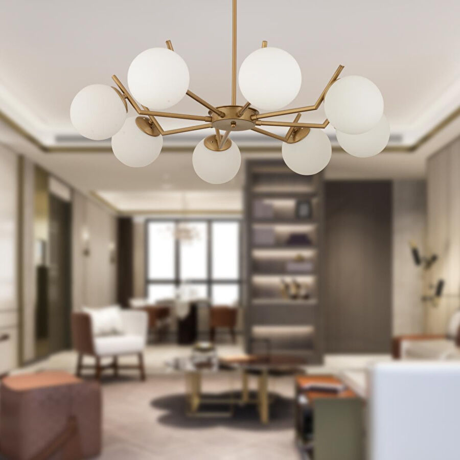 Apliqa Sara 8li Eskitme Boyalı Beyaz Camlı Modern Genç Odası Yemek Masası Üstü Salon Avize