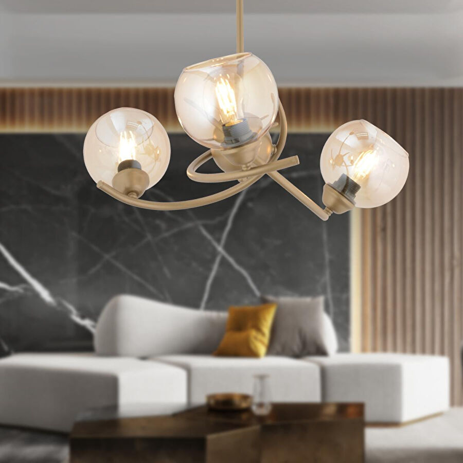 Apliqa Pireal 3'lü Yuvarlak Eskitme Bal Camlı Modern Oturma Odası Salon Avize