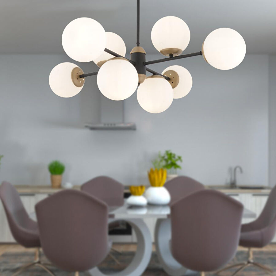 Apliqa Beria 8'li Sıralı Eskitme Beyaz Camlı Modern Oturma Odası Salon Avize