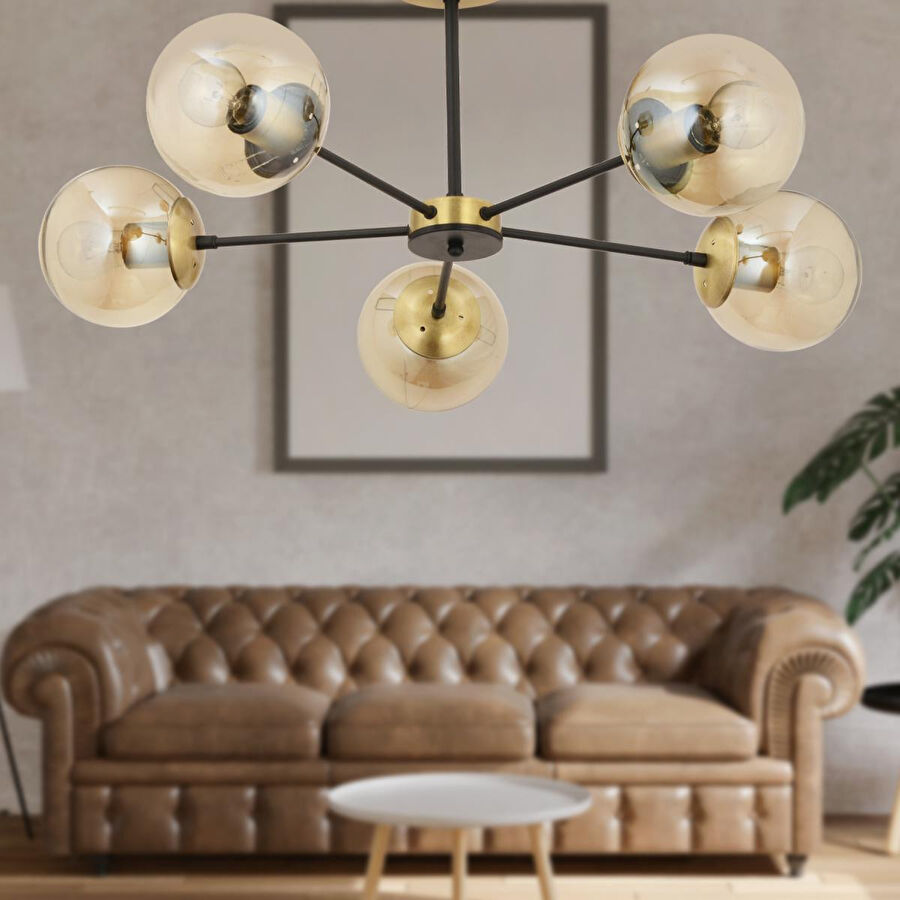 Apliqa Nide 5li Siyah Eskitme Bal Camlı Modern Genç Odası Yatak Odası Retro Salon Avize