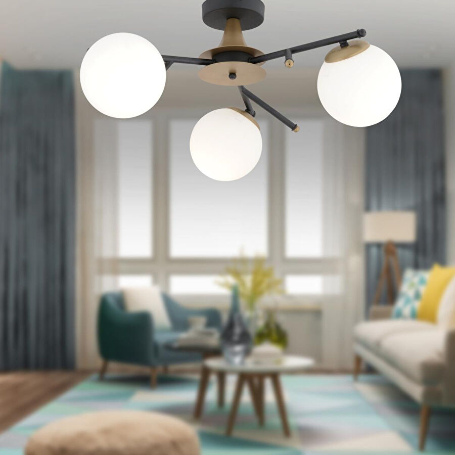 Apliqa Peyda 3'lü Siyah Eskitme Beyaz Camlı Modern Koridor Yatak Odası Salon Avize