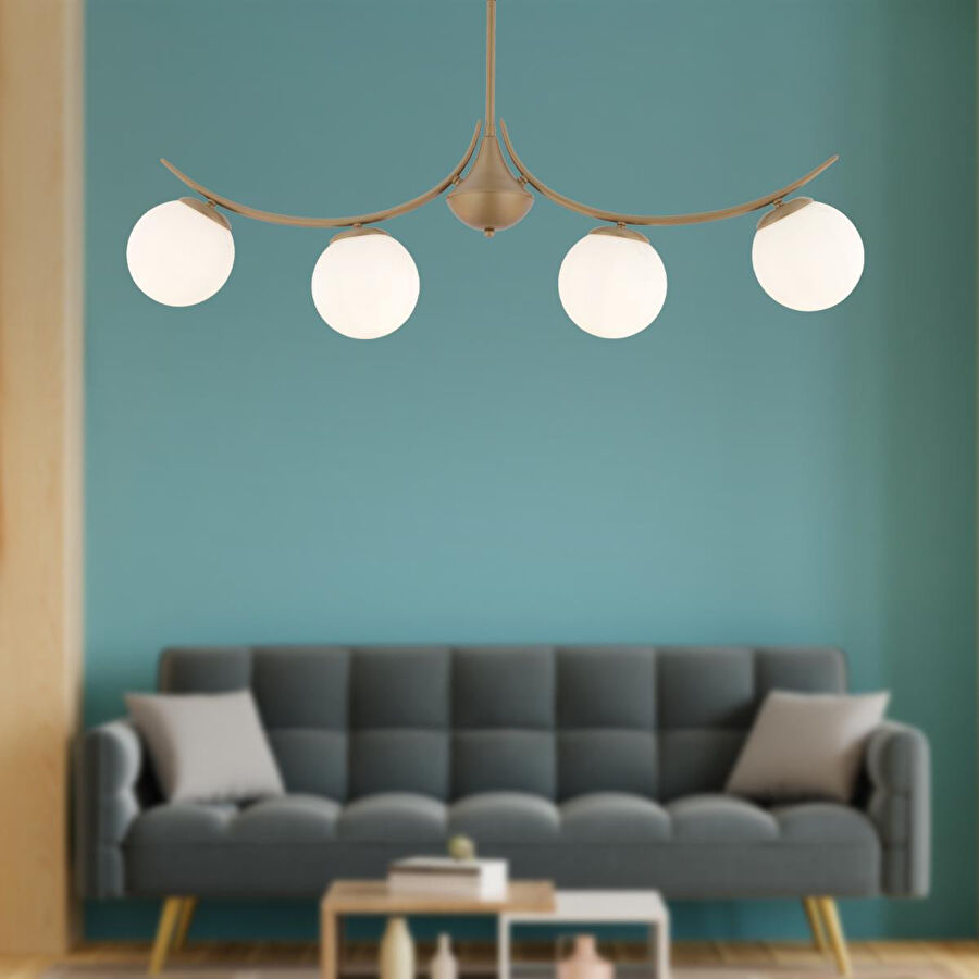 Apliqa Germaine 4'lü Sıralı Eskitme Beyaz Camlı Modern Oturma Odası Salon Avize