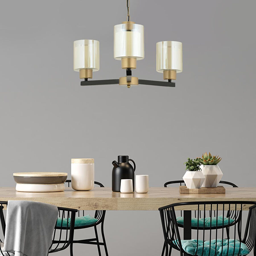 Apliqa Jade 3 Lü Avize Eskitme Siyah Boyalı Çift Camlı Modern Genç Odası Yatak Odası Retro Salon Avize