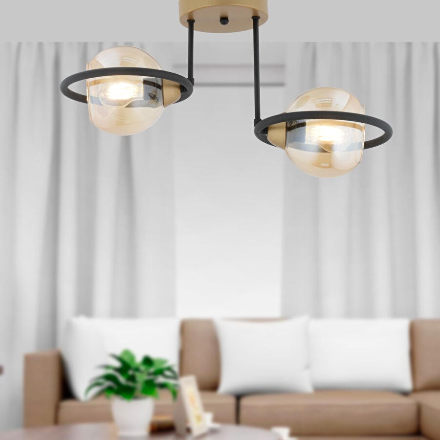 Apliqa Becca 2'li Siyah Eskitme Bal Camlı Top Avize Modern Oturma Odası Salon Avize