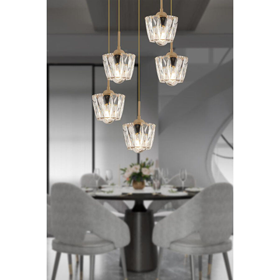 Apliqa Fernando 5 Li Yuvarlak Eskitme Kristal Taşlı Salon Avize