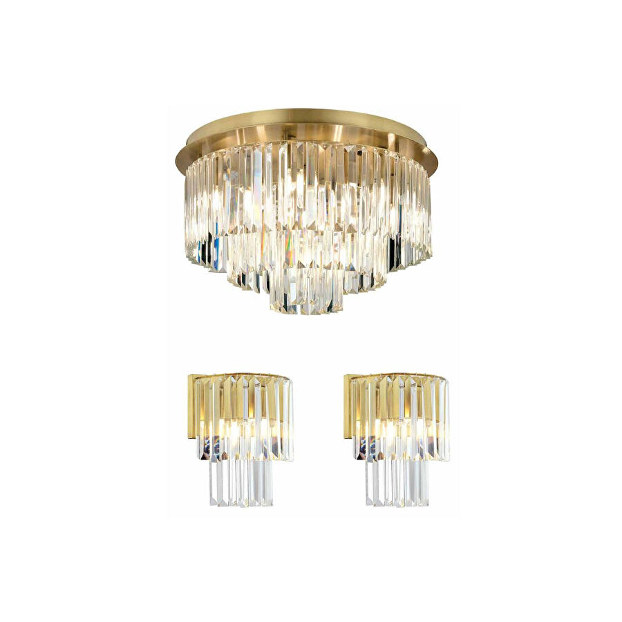 Apliqa Nilüfer Yuvarlak Eskitme 3 Parça Kristalli Taşlı Modern Tasarım Kristal Salon Avize-aplik Seti