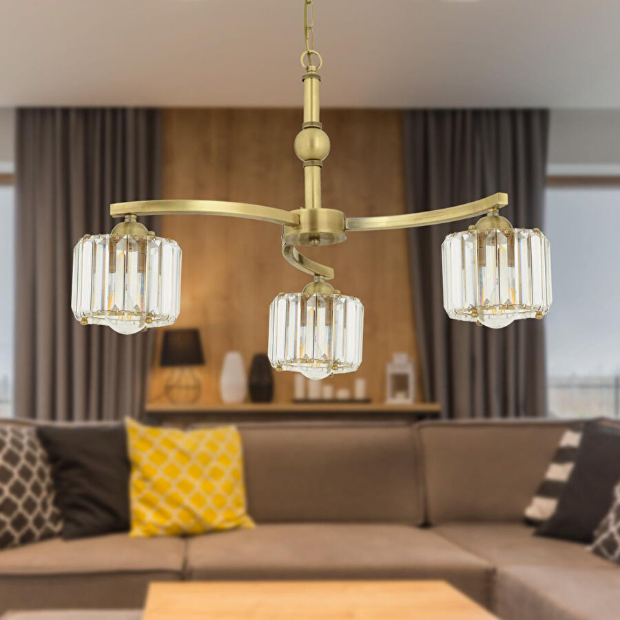 Apliqa Amir 3 Kollu Eskitme Kristalli Taşlı Modern Tasarım Kristal Salon Avize