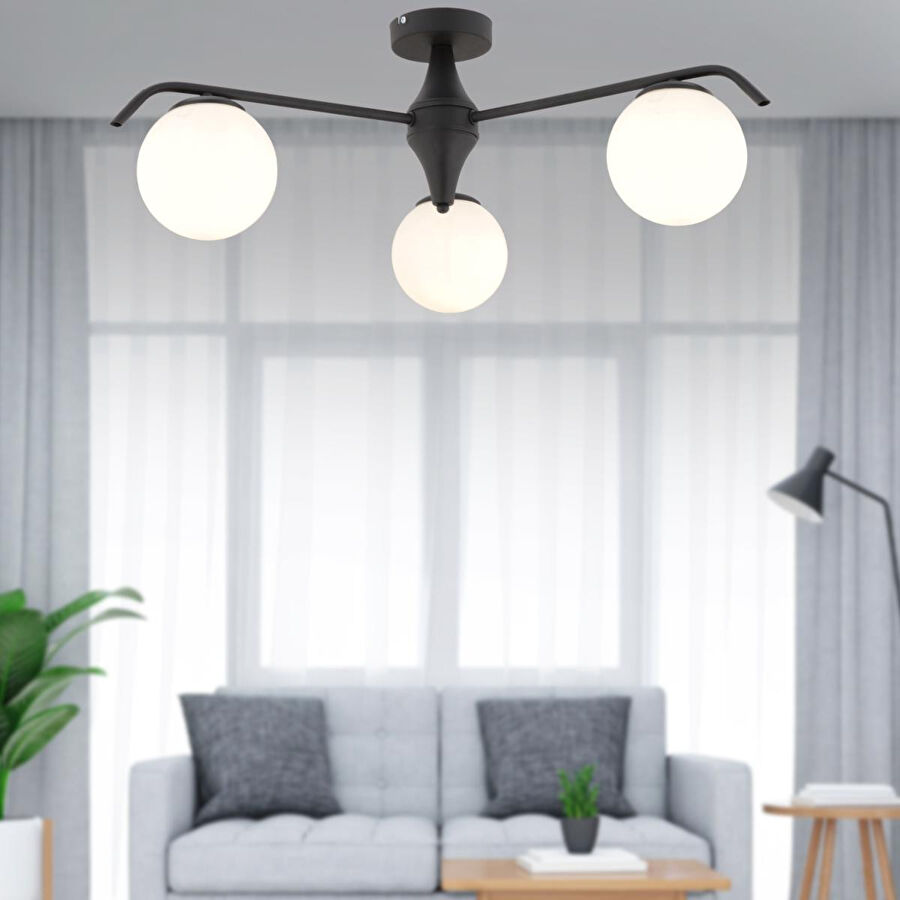 Apliqa Diaspor 3'lü Yuvarlak Siyah Beyaz Camlı Modern Plafonyer Genç Odası Yatak Odası Retro Salon Avize
