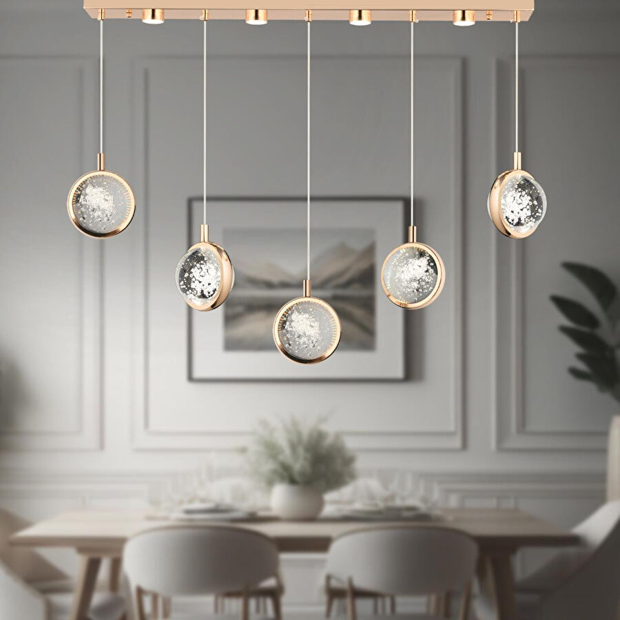 Apliqa Eldon 5'li Sıralı 3 Renk 75 Watt Gold Kristal Ledli Modern Oturma Odası Salon Sarkıt Avize
