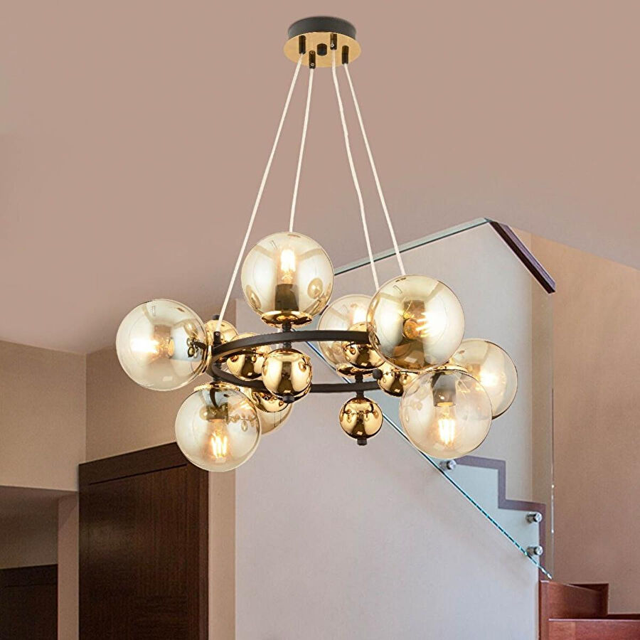 Apliqa Lorento 8li Yuvarlak Siyah Gold Modern Cafe,restoran Için Uygun Retro Salon Avize