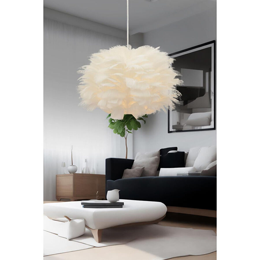 Apliqa Belinay Tekli Tüylü Beyaz Sarkıt Avize Modern Sarkıt Mutfak Salon Sarkıt Avize