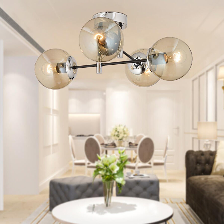 Apliqa Maral 4lü Siyah Krom Bal Camlı Modern Koridor Mutfak Salon Retro Avize