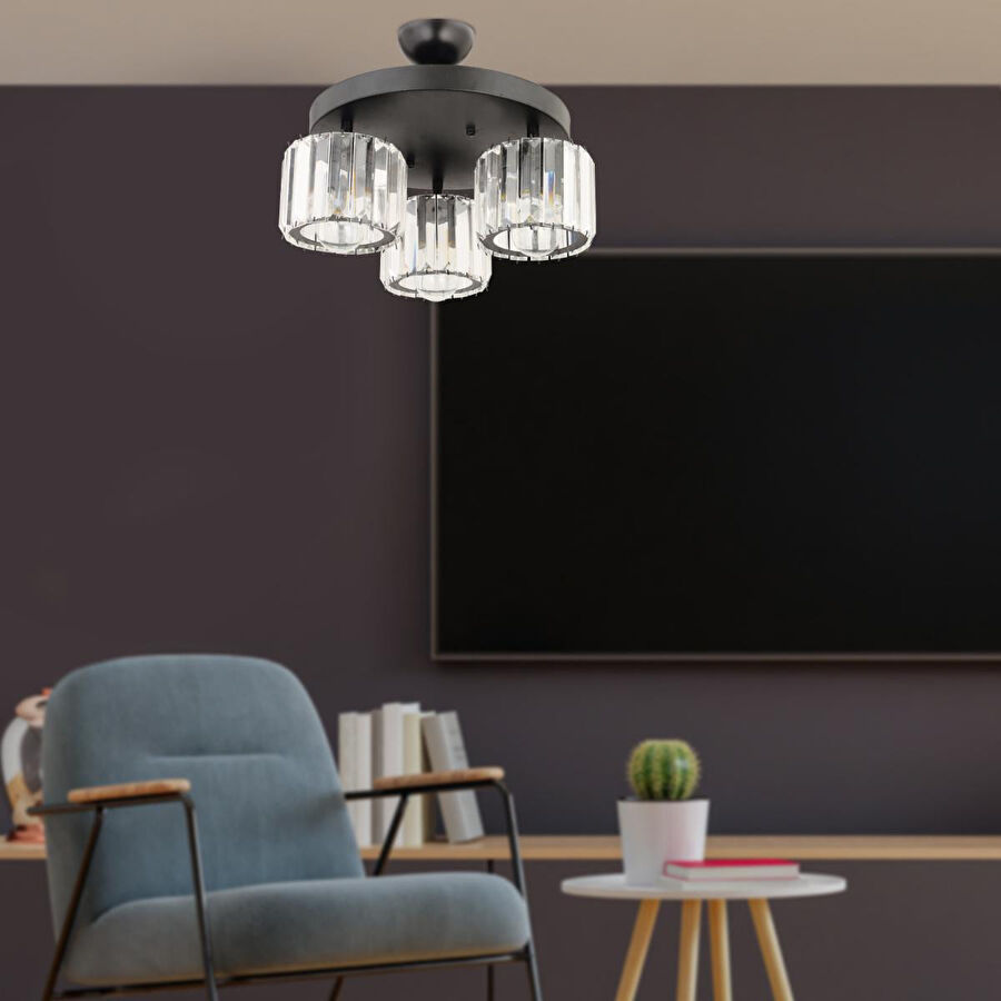 Apliqa Sabrina 3lü Siyah Yuvarlak Kristalli Taşlı Modern Tasarım Kristal Salon Plafonyer Avize