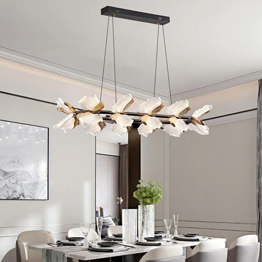 Apliqa Taran Sıralı Siyah Gold Çiçek Desenli 120 Watt Yemek Masası Üstü Modern Salon Led Avize