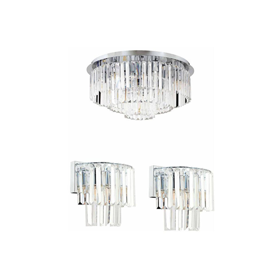 Apliqa Nilüfer Yuvarlak Krom 3 Parça Kristalli Taşlı Modern Tasarım Kristal Salon Avize-aplik Seti