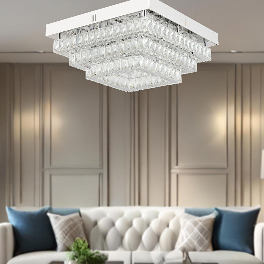 Apliqa Modina 3 Katlı Krom Ledli 3 Renkli 120 Watt Kristalli Taşlı Modern Tasarım Led Kristal Salon Avize
