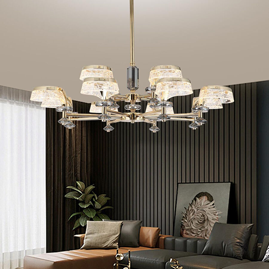 Apliqa Ekerd 12'li Gold 100 Watt Yuvarlak Kristalli Modern Sarkıt Salon Led Avize