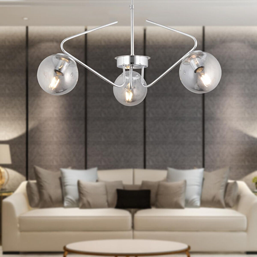 Apliqa Mildred 3'lü Krom Füme Camlı Modern Sarkıt Genç Odası Mutfak Yatak Odası Salon Sarkıt Avize