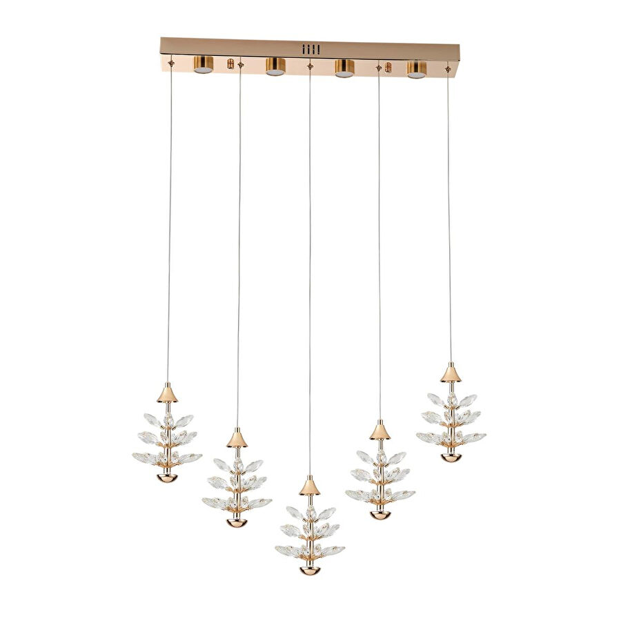 Apliqa Serap 5'li 62 Watt 3000k Sıralı Gold Kristal Taşlı Ledli Salon Avize