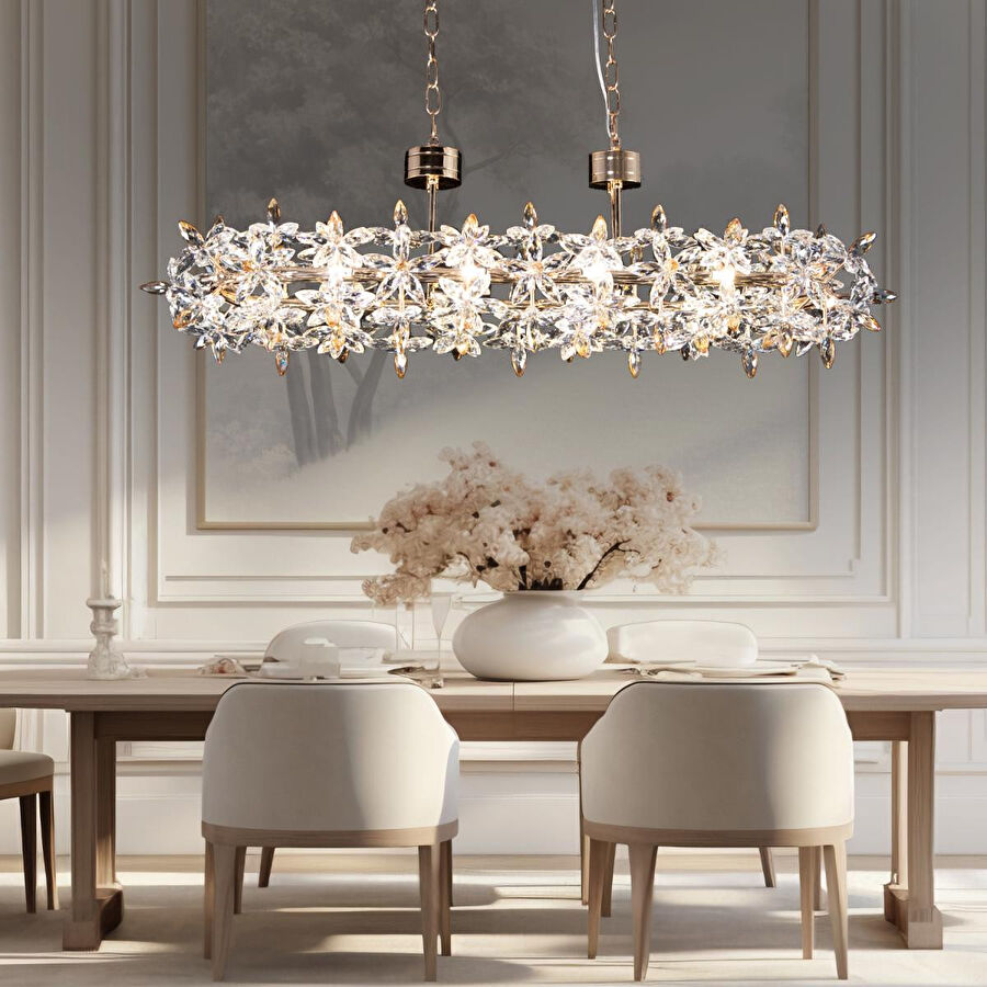 Apliqa Mercan Sıralı Gold Kristal Taşlı Modern Oturma Odası, Yemek Masası Üstü, Salon Avize