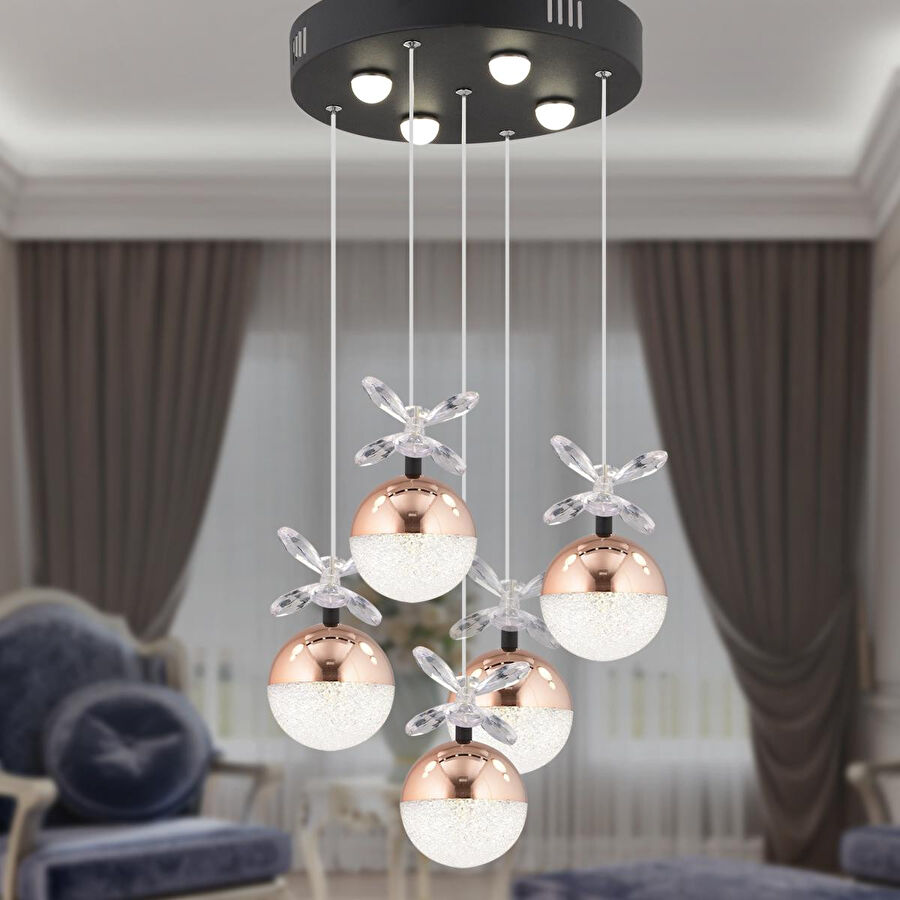 Apliqa Lokken 5'li Yuvarlak 42 Watt Bakır Kristal Ledli Modern Oturma Odası Salon Sarkıt Avize