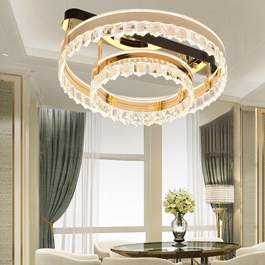 Apliqa Canel Gold İki Katlı 122 Watt Kristal Taşlı Modern Led Plafonyer Led Avize