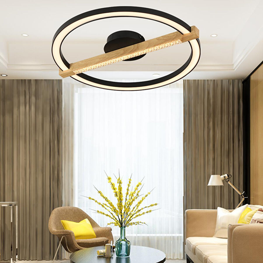 Apliqa April Siyah Yuvarlak 58 Watt Plafonyer Ahşap Desenli Modern Salon Led Avize