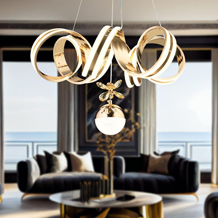 Apliqa Amott Gold 3 Renkli 150 Watt Kristal Ledli Kelebek Led Top Avize Modern Oturma Odası Salon Sarkıt Avize