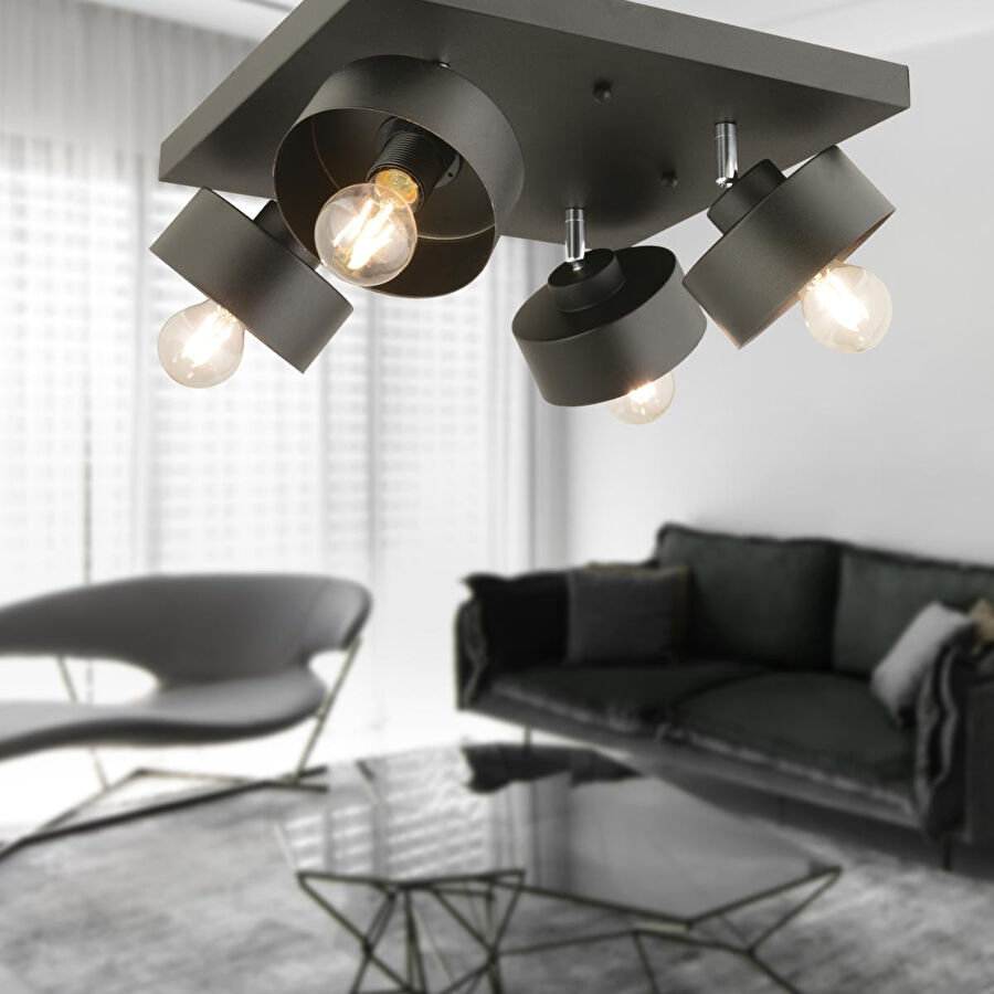 Apliqa Meriç 4'lü Siyah Plafonyer Modern Retro Genç Odası Mutfak Salon Avize