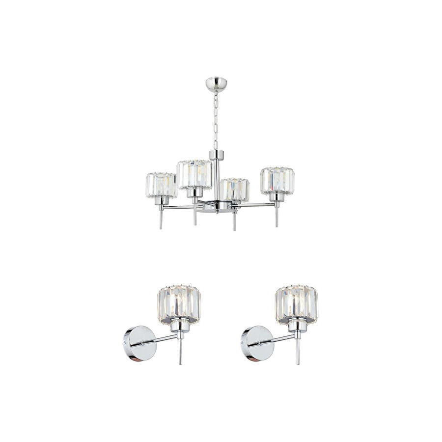 Apliqa Sadem 4 Lü Krom Kaplama 3 Parça Kristalli Taşlı Modern Tasarım Kristal Salon Avize-aplik Seti