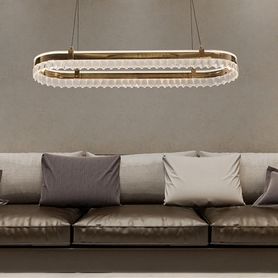 Apliqa Canel Gold Sıralı 116 Watt Kristal Taşlı Modern Yemek Masası Üstü Led Sarkıt Avize