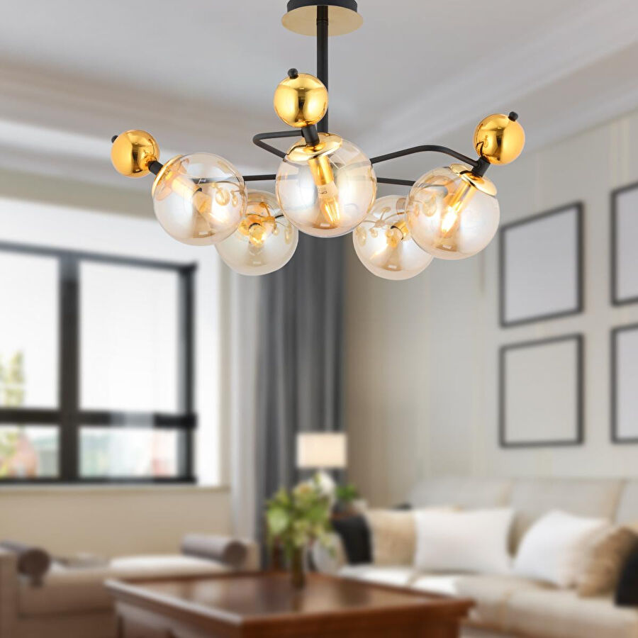 Apliqa Florit 5'li Siyah Gold Modern Oturma Odası Salon Avize