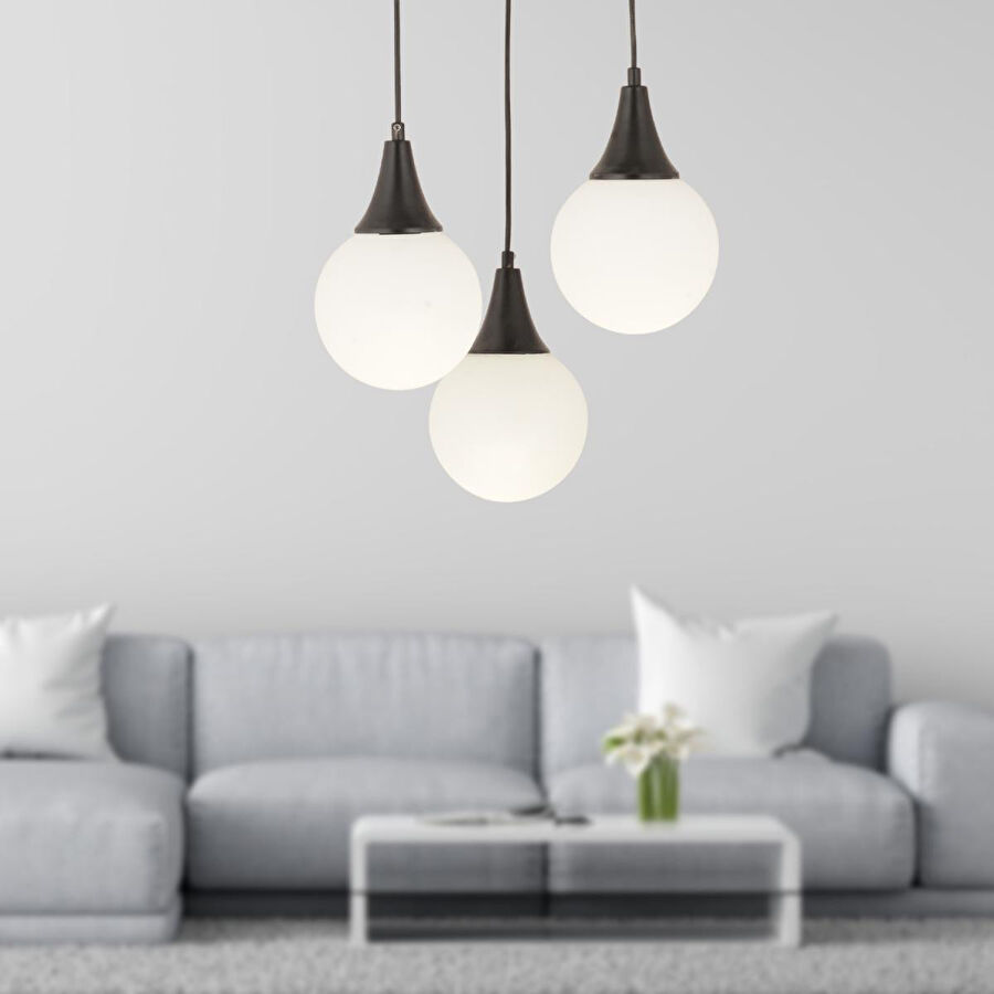 Apliqa Damla 3lü Yuvarlak Siyah Beyaz Camlı Sarkıt Modern Genç Odası Mutfaksalon Avize