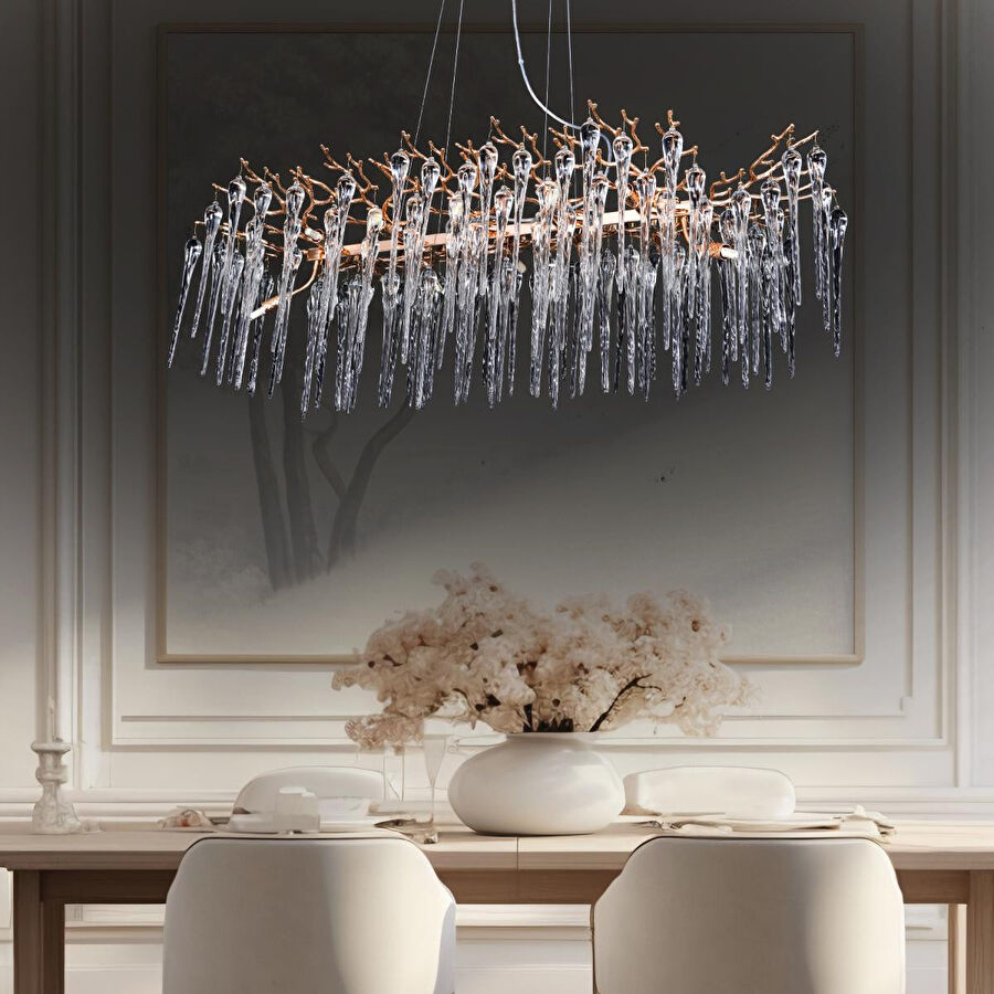 Apliqa Laura Sıralı Gold Yemek Masası Üstü Kristal Taşlı Modern Tasarım Su Damlası Taşlı Salon Avize