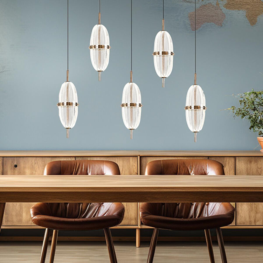 Apliqa Liona 5'li Sıralı 50 Watt Gold Kristalli Modern Salon Yemek Masası Üstü Sarkıt Led Avize