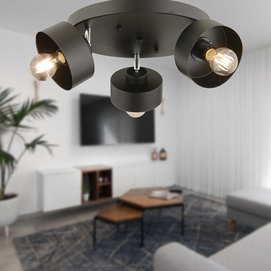 Apliqa Meriç 3'lü Siyah Plafonyer Modern Retro Genç Odası Mutfak Salon Avize